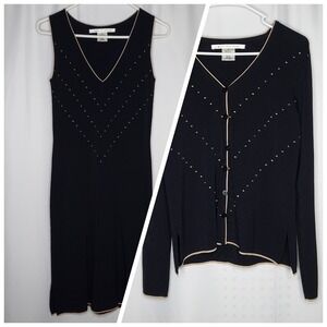Max Studio Knit Dress Cardigan Set XS Black Slinky Stretch Tan Embroidered Trim
